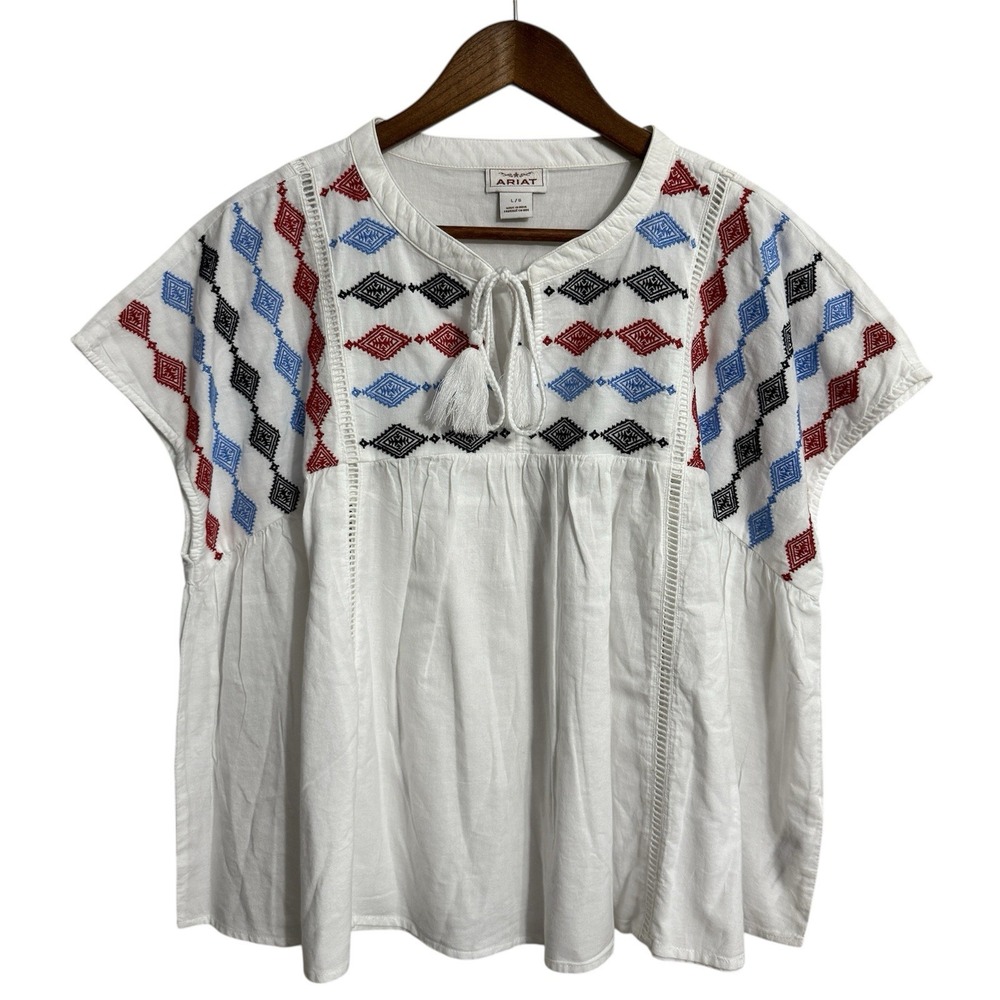 Ariat top womens large white embroidered Aztec tribal boho western festival NWOT